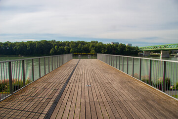 Fototapeta premium Wooden jetty above Danube river in Bratislava