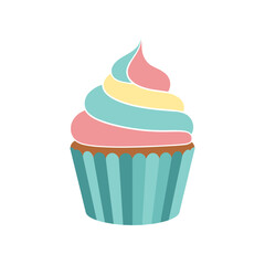 A delightful cupcake with colorful frosting and a striped wrapper.