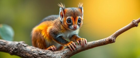 A tiny squirrel monkey perched on a branch, vibrant fur, expressive eyes,  picture,  design