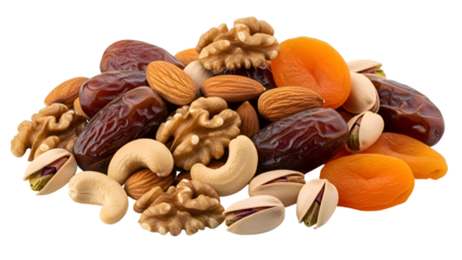 Stunning high quality assortment of healthy dried fruits and mixed nuts isolated on black background for gourmet snacking