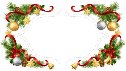 Stunning festive border design with elegant red ribbon pine branches and shimmering gold silver ornaments for holiday greetings