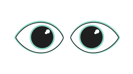Stylized cartoon eyes with black pupils and teal irises against a stark black background evoking a sense of curiosity or observation with a clean graphic illustration style