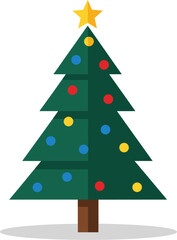 Simple, tiered vector illustration of a traditional Christmas tree in a clean flat design style, adorned with minimal red, blue, and yellow circular ornaments.