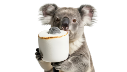 Adorable Koala holding a large microphone, as if singing or performing isolated PNG with Transparent Background