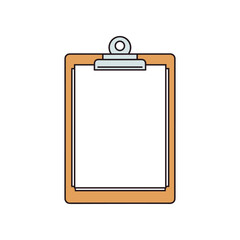 Clipboard with blank white paper and metal clip.