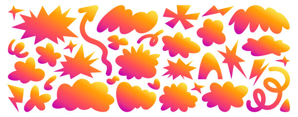 Naklejka premium Abstract groovy blobs set isolated on white background. Vector cartoon illustration of different shape gradient clouds, doodle arrows, colorful speech bubbles, funky star, sparkle, lightning stickers