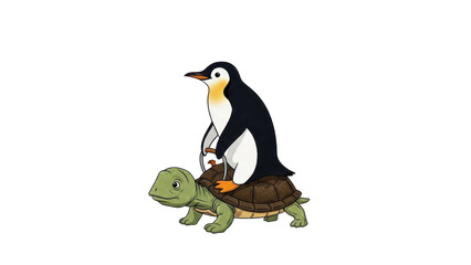 Naklejka premium Cartoon penguin riding a green turtle, isolated illustration isolated PNG with Transparent Background