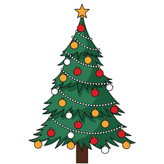 Traditional festive holiday pine tree graphic in a cheerful hand-drawn style, perfect for seasonal invitations, web banners, and winter greeting card designs.