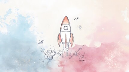 Whimsical rocket illustration explores space learning with gentle pastel colors and vintage textures