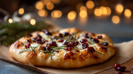 A round pizza sits on a piece of parchment paper
