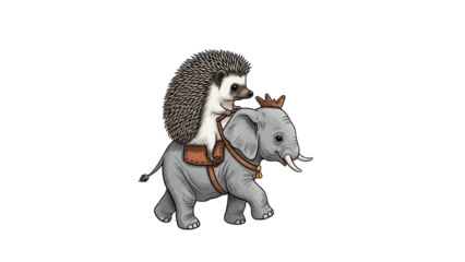 Cute Hand Drawn Hedgehog Riding Baby Elephant with Crown and Saddle, isolated PNG with Transparent Background