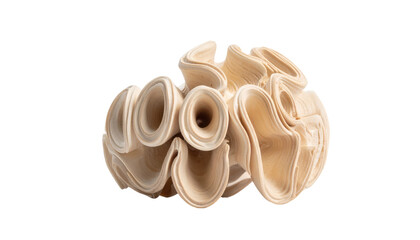 Beige, swirling, textured, layered, porous sculpture against a black background, organic and visually intriguing