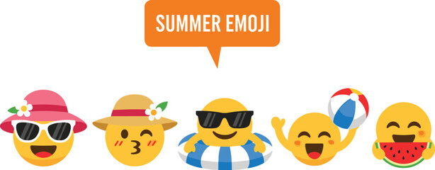 Cute summer-themed emoji characters wearing hats, sunglasses, swimming gear, and enjoying fun activities like beach balls and watermelon on a sunny day