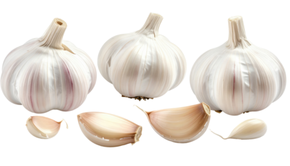 Three whole garlic bulbs and cloves presented against a black background in a horizontal composition
