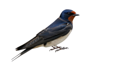 Small Barn Swallow bird with dark blue plumage and reddish face isolated PNG with Transparent Background