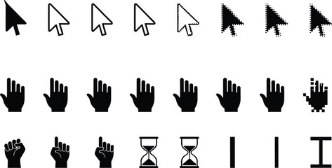 Cursor icon set, arrow styles, hand pointer, pixelated design, hourglass, text selector, UI element, digital interface, vector illustration