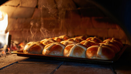 Close-up tray of freshly baked Hot Cross Buns with white crosses, still steaming. In the dark brick background, a wood-fired oven burns brightly. Easter holiday traditional baking. Delicious food