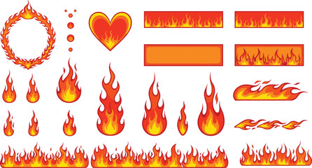 Flame icon set, fire borders, heart flame, circular wreath, heat symbol, passion design, burning frame, vector illustration © Creatives World
