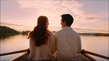 Fototapeta premium Romantic Sunset Couple Enjoying Serene Lake Reflections Warm Golden Hour Blissful Moment