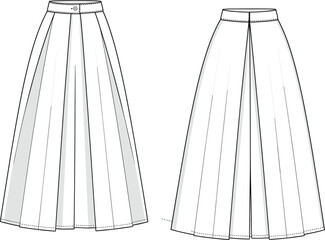 Pleated Skirt Technical Drawing, Front Button Waistband, Fashion CAD, Garment Construction, Flat Sketch, Apparel Design, Sewing Pattern, Vector Illustration