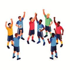 A diverse group of soccer players celebrates a victory with high fives and raised arms, embodying teamwork and triumph.