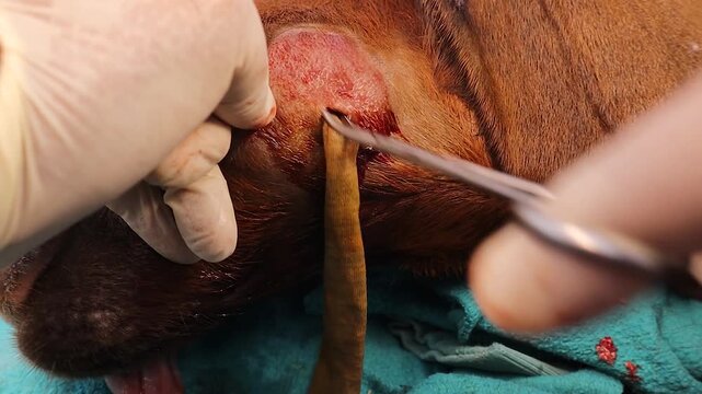 Veterinarian performing abscess treatment on a goat, inserting an iodine-soaked drain wick to ensure proper pus drainage. Useful for educational, medical, and veterinary training content.