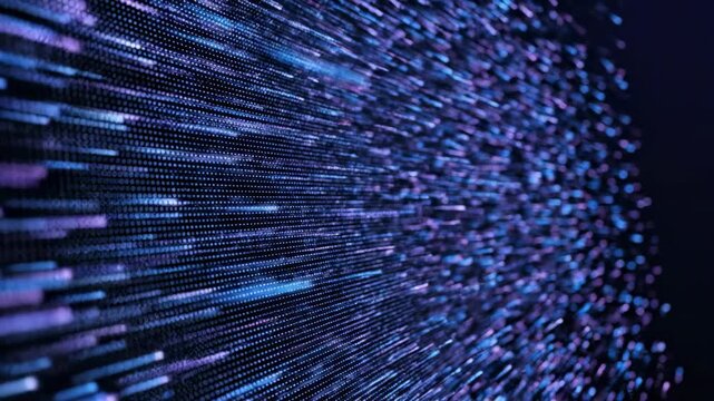 Seamless looping abstract digital background of small blue and purple pixels flowing rapidly like a dynamic data stream high-tech, cyber, geometric