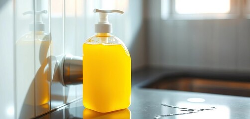 Bottle of bright yellow liquid soap, ready to dispense, toiletries, handwash