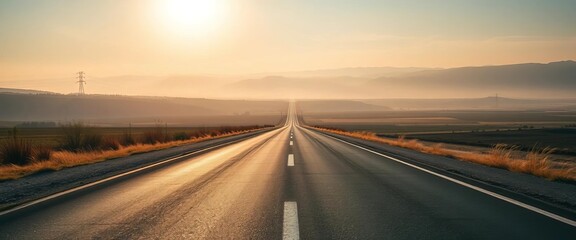 Asphalt road vanishing into distant hazy horizon, sunlit landscape, long, open