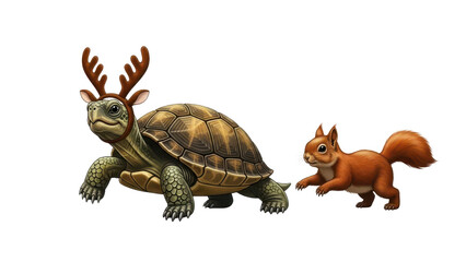 Whimsical illustration of a turtle wearing reindeer antlers and a squirrel following isolated PNG with Transparent Background
