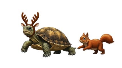 Whimsical illustration of a turtle wearing reindeer antlers and a squirrel following isolated PNG with Transparent Background