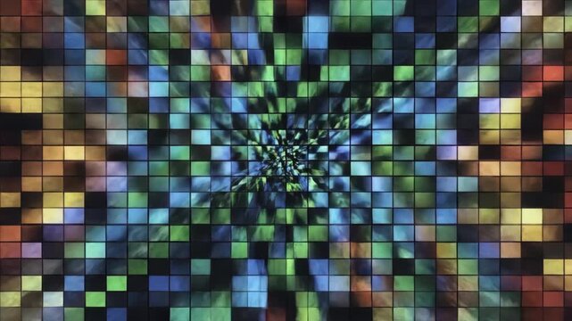 Seamless looping abstract background of large digital pixels rapidly flickering and cycling through various geometric light patterns square grid, technology transition, modern concept