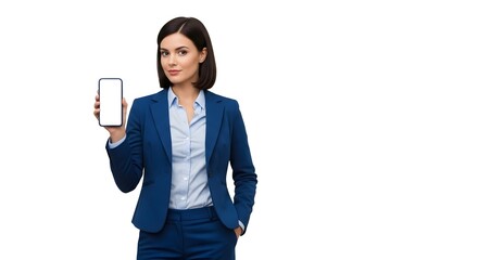 Professional businesswoman in blue suit showing blank smartphone screen isolated on white background
