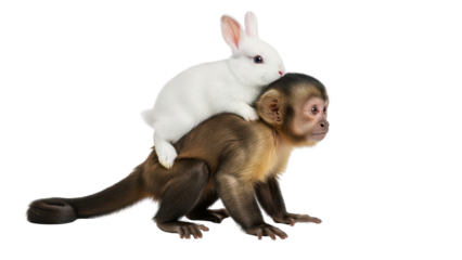 Baby White Rabbit Riding on the Back of a Baby Monkey isolated PNG with Transparent Background