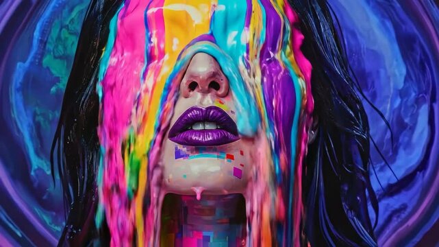 Woman with digital pixelated effect and colorful paint dripping on her face for modern art design.