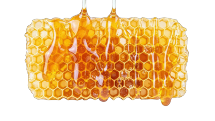 Honey dripping from honeycomb on white background
