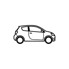 Fototapeta premium Minimalist black and white outline vector of a compact hatchback car. This clean, side-view graphic is ideal for logos, transportation apps, driving schools, or automotive industry icons.