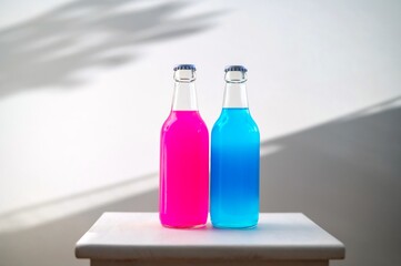 Two glass bottles with bright pink and blue drinks on a light background. Concept of color contrast, minimalism, product advertising, and modern beverage design.