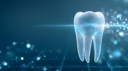 A high tech 3D wireframe model of a tooth glows vibrantly blue against a dark abstract background with bokeh and grid lines representing advanced digital dentistry and medical innovation