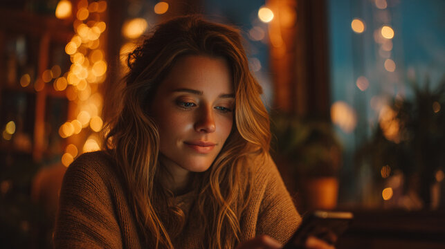 Woman using smartphone while sitting in cozy setting with warm lights at night - Powered by Adobe