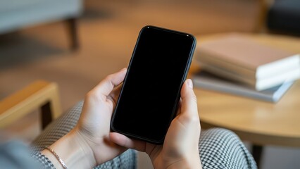 Hands holding smartphone with blank screen in cozy indoor setting, suggesting technology use and quiet connection