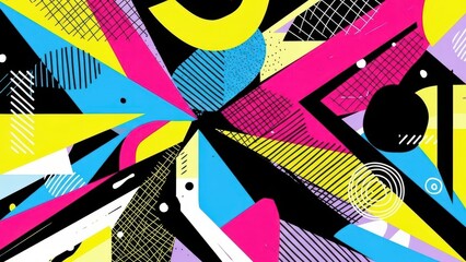 Vibrant geometric abstract artwork bursting with energetic shapes colors and dynamic patterns in bold modern style