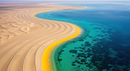 Stunning aerial view of desert meeting turquoise sea forming smooth curved shoreline with vibrant natural contrast