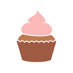 Stylized Cupcake with Pink Frosting and Brown Wrapper Illustration.
