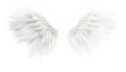 Delicate, feathery white angel wings, softly lit, isolated on white background,  feather,  fluffy