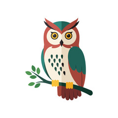 Stylized Flat Design Owl Perched on a Branch.