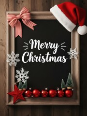 Rustic merry Christmas sign with festive ornaments bow and Santa hat creating warm cozy holiday decor