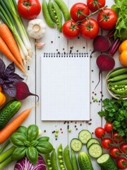 Fresh colorful vegetables surrounding blank notepad creating healthy cooking planning concept with vibrant organic flat lay