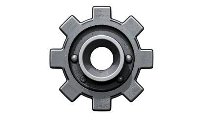 Centered, metal gear with a circular hub and rivets, presented on a dark background