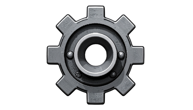 Centered, metal gear with a circular hub and rivets, presented on a dark background - Powered by Adobe